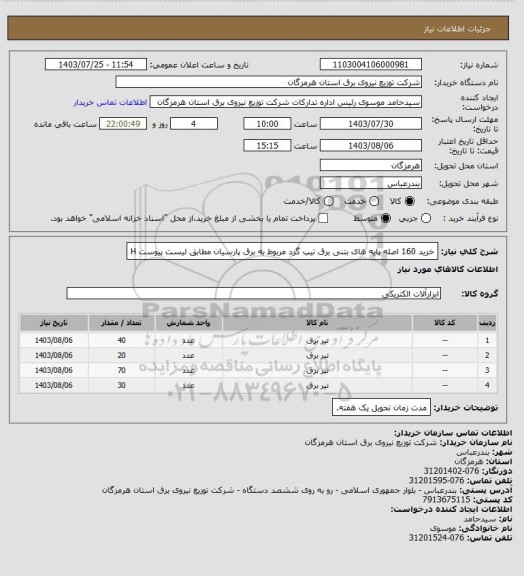 استعلام خرید 160 اصله پایه های بتنی برق تیپ گرد مربوط به برق پارسیان مطابق لیست پیوست
H