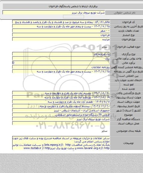 مزایده, فروش ۳۸ دستگاه انواع ترانسفورماتور اسقاطی