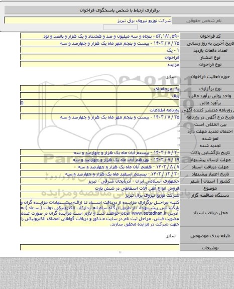 مزایده, فروش انواع آهن آلات اسقاطی در شش پارت