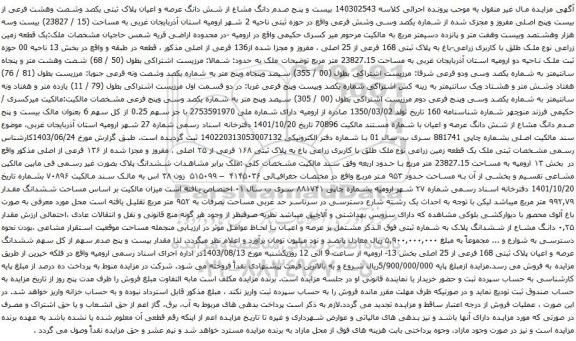 مزایده شش دانگ عرصه و اعیان پلاک ثبتی یکصد وشصت وهشت فرعی از بیست وپنج اصلی مفروز و مجزی شده 