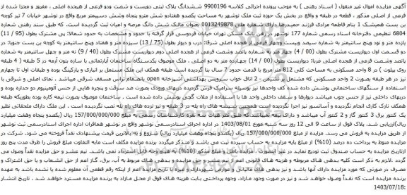 مزایده ششدانگ پلاک ثبتی دویست و شصت ودو فرعی از هیجده اصلی ، مفروز و مجزا شده از فرعی از اصلی 
