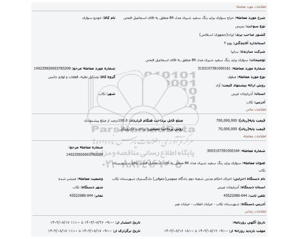 مزایده، سواری پراید رنگ سفید شیری مدل 84 متعلق به اقای اسماعیل فتحی