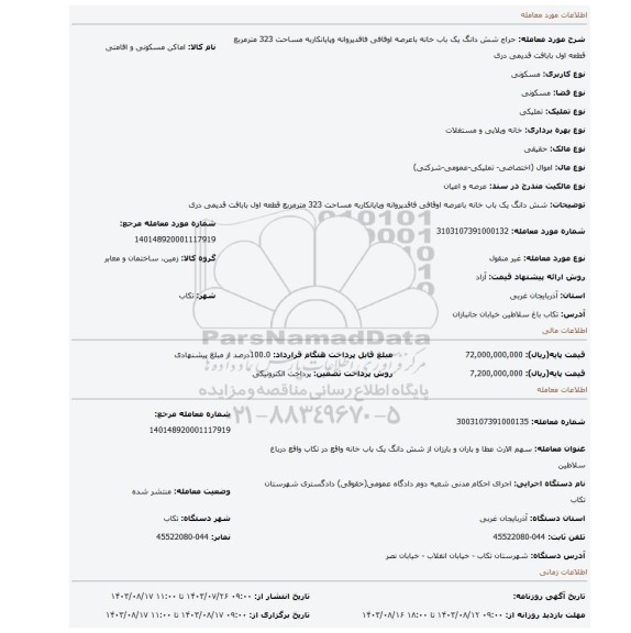 مزایده، شش دانگ یک باب خانه باعرصه اوقافی فاقدپروانه وپایانکاربه مساحت 323 مترمربع قطعه اول بابافت قدیمی دری