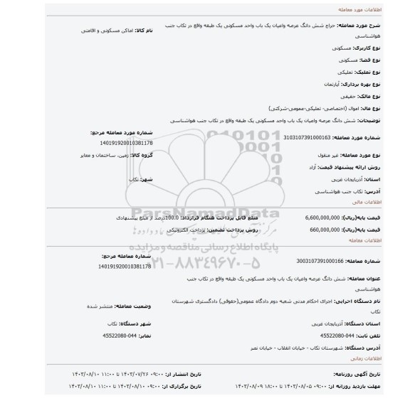 مزایده، شش دانگ عرصه واعیان یک باب واحد مسکونی یک طبقه واقع در تکاب جنب هواشناسی