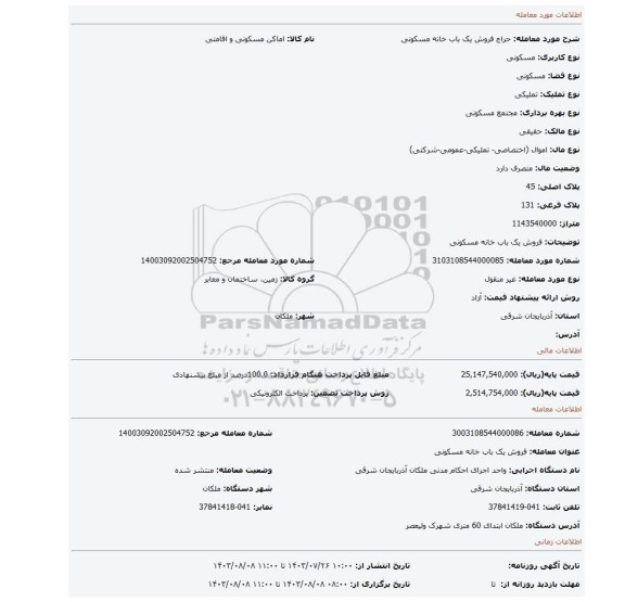 مزایده، فروش یک باب خانه مسکونی
