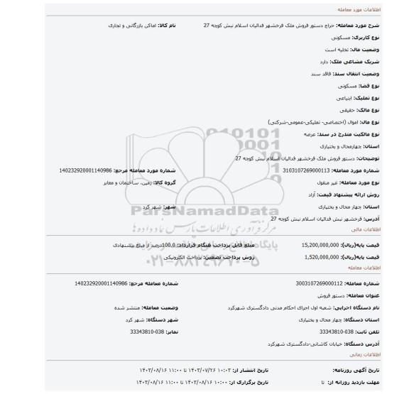 مزایده، دستور فروش ملک فرخشهر فدائیان اسلام نبش کوچه 27