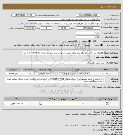 استعلام واگذاری حمل بار با وانت برای بیمارستان علیمرادیان نهاوند برای مدت یک سال از 1403/08/01 به بعد