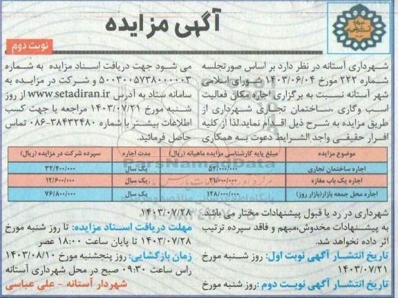مزایده اجاره دکه ها، مکان نصب دکه، مکان فعالیت اسب و گاری- نوبت دوم