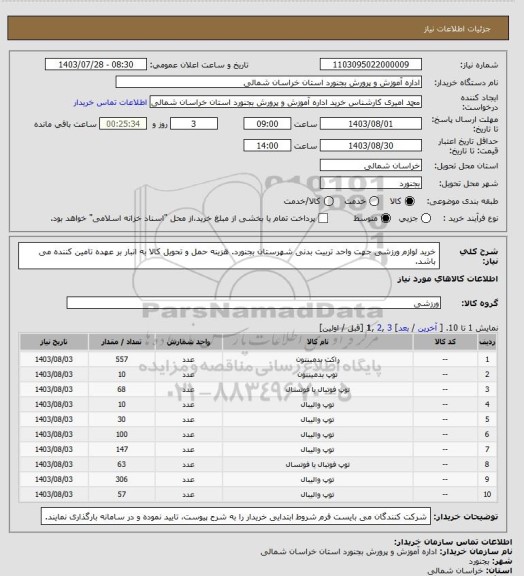 استعلام خرید لوازم ورزشی جهت واحد تربیت بدنی شهرستان بجنورد. هزینه حمل و تحویل کالا به انبار بر عهده تامین کننده می باشد.