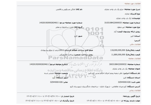 مزایده، یک باب واحد تجاری