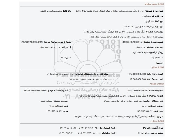 مزایده، 6 دانگ عمارت مسکونی واقع در کوی فرهنگ خیابان بنفشه پلاک 1381
