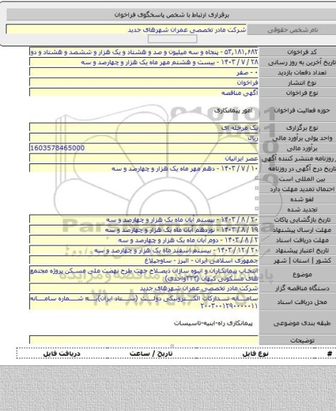 مناقصه, انتخاب پیمانکاران و انبوه سازان ذیصلاح جهت طرح نهضت ملی مسکن پروژه مجتمع های مسکونی کیهان (۳۳۴واحدی)