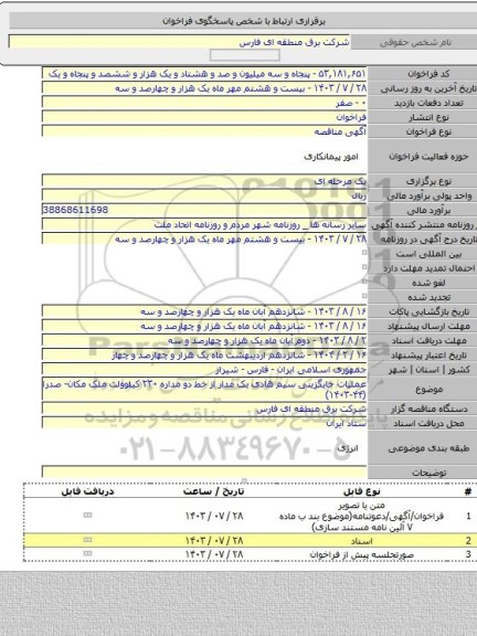 مناقصه, عملیات جایگزینی سیم هادی یک مدار از خط دو مداره ۲۳۰ کیلوولت ملک مکان- صدرا (۴۴-۱۴۰۳)