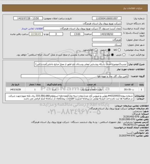 استعلام تجدید2:موضوع:احداث شبکه روشنایی معابر روستای تلخ اطهر از محل منابع داخلی(مشارکتی)