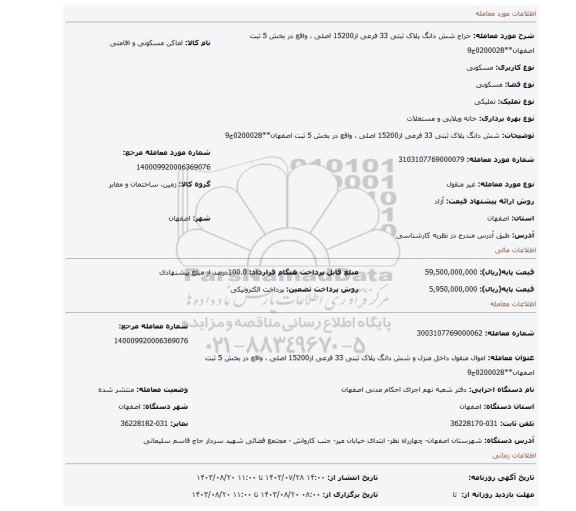 مزایده، شش دانگ پلاک ثبتی 33 فرعی از15200 اصلی ، واقع در بخش 5 ثبت اصفهان**0200028ج9