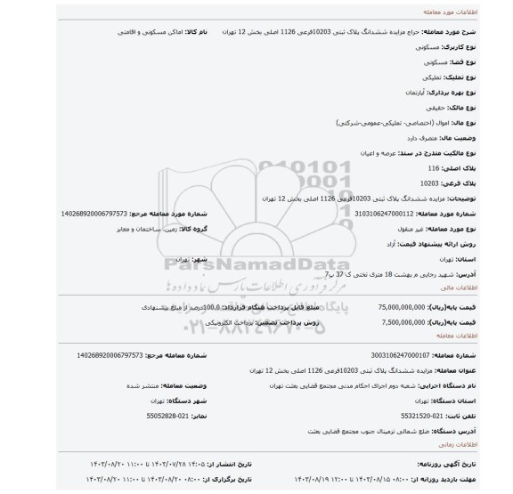 مزایده، مزایده ششدانگ پلاک ثبتی 10203فرعی 1126 اصلی بخش 12 تهران