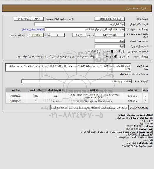 استعلام تعداد 5000 سرویس APN - کد خدمت د-63-631
یک بسته اشتراکی 5120 گیگا بایتی با اعتبار یکساله - کد حدمت د-63-639