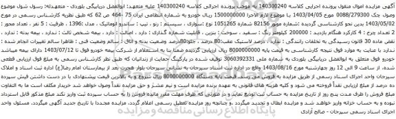 مزایده رنو تیپ ساندرو اتوماتیک مدل 1396