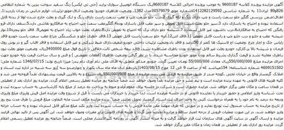 مزایده یک دستگاه اتومبیل سواری پراید (جی تی ایکس) رنگ سفید 