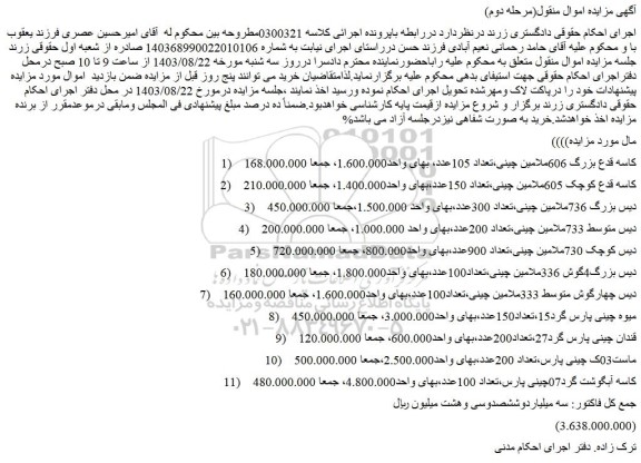 مزایده فروش کاسه قدع بزرگ 606ملامین چینی،تعداد 105عدد و...