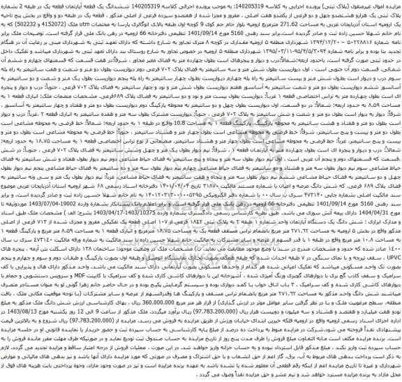 مزایده ششدانگ یک قطعه آپارتمان قطعه یک در طبقه 2 بشماره پلاک ثبتی یک هزارو هشتصدو چهل و دو فرعی از یکصدو هفت اصلی