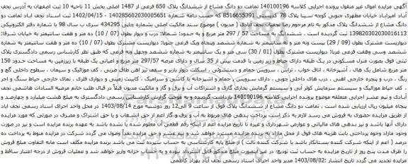 مزایده ششدانگ پلاک 650 فرعی از 1487 اصلی بخش 11 ناحیه 10 ثبت اصفهان