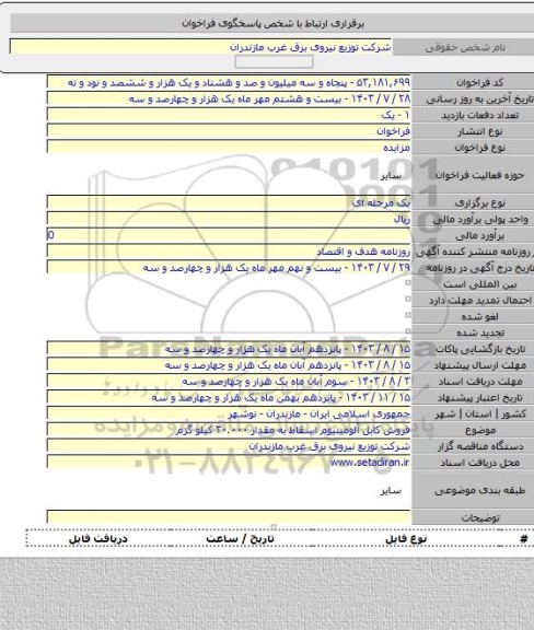 مزایده, فروش کابل آلومینیوم اسقاط به مقدار ۲۰.۰۰۰ کیلو گرم
