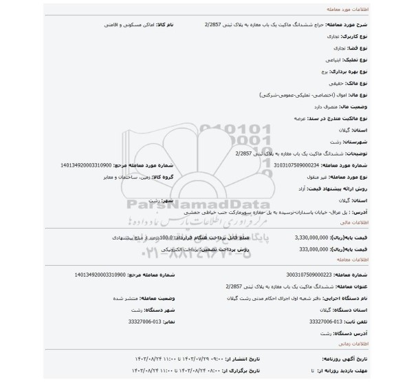 مزایده، ششدانگ ماکیت یک باب مغازه به پلاک ثبتی 2/2857