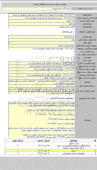 مناقصه, تهیه مصالح واجرای ۶۵۰۰۰متر شبکه پراکنده و۲۰۰۰انشعاب پراکنده در شهرستانهای کهنوج،رودبار،زهکلوت و...