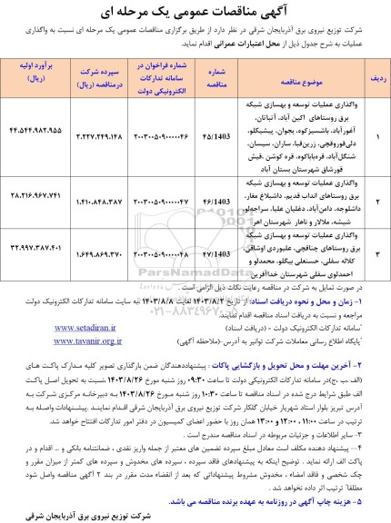 مناقصه واگذاری عملیات توسعه و بهسازی شبکه برق....