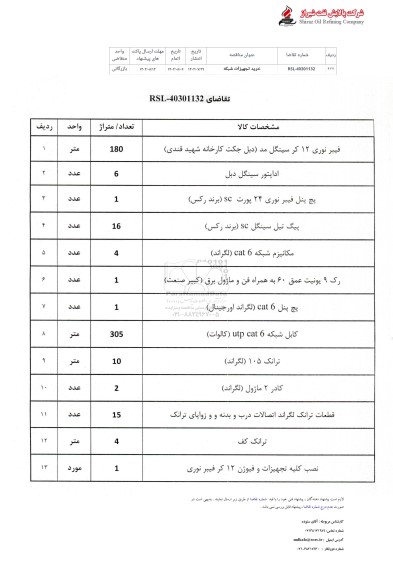 استعلام خرید تجهیزات شبکه 