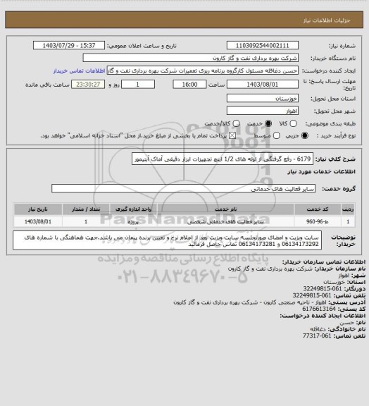 استعلام 6179 - رفع گرفتگی از لوله های 1/2 اینچ تجهیزات ابزار دقیقی آماک آبتیمور