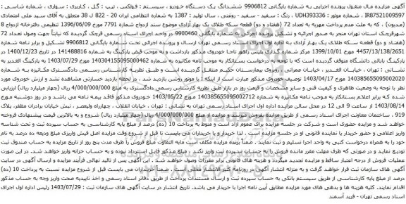 مزایده یک دستگاه خودرو سیستم فولکس تیپ گل 