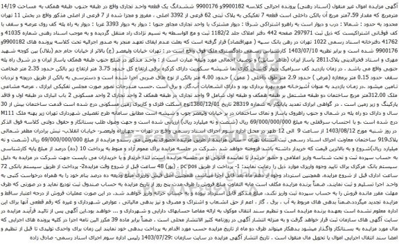 مزایده ششدانگ یک قطعه واحد تجاری واقع در طبقه جنوب طبقه همکف به مساحت 14/19 مترمربع