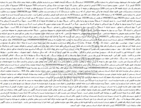 مزایده ششدانگ یک دستگاه آپارتمان قطعه سی و ششم تفکیکی واقع در طبقه پنجم دارای پلاک ثبتی به شماره 35151 فرعی از 2 - اصلی 
