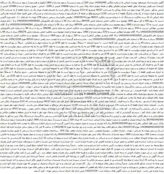 مزایده ششدانگ یک دستگاه آپارتمان مسکونی نوع ملک طلق قطعه چهارم تفکیکی 