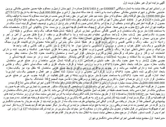 مزایده فروش ملک پلاک ثبتی بشماره 2125 فرعی از 4494 اصلی