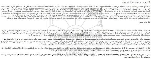 مزایده فروش ششدانگ یک واحد تجاری به مساحت بیست متر مربع وهفتاد وپنج صدم متر مربع قطعه یک از نهصد وبیست وهشت پلاک دویست وبیست ودو فرعی از یک اصلی