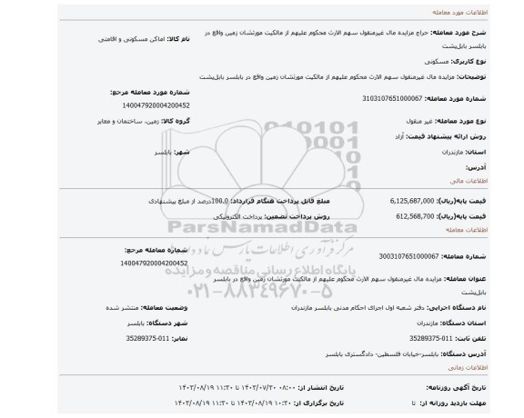 مزایده، مزایده مال  غیرمنقول   سهم الارث محکوم علیهم از مالکیت مورثشان زمین   واقع در  بابلسر بابل پشت