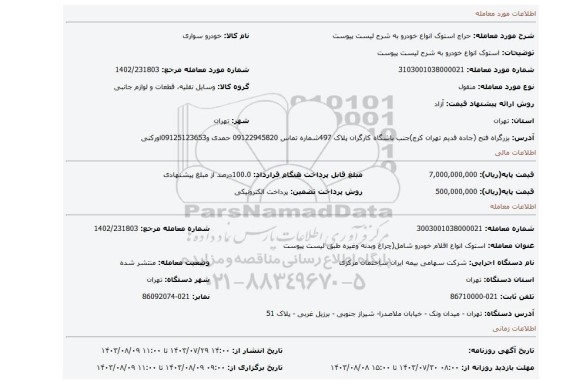 مزایده، استوک انواع خودرو به شرح لیست پیوست