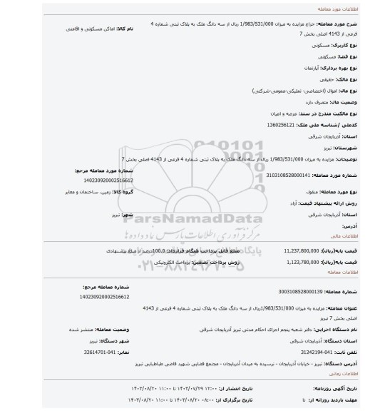 مزایده، مزایده به میزان 1/983/531/000 ریال  از سه دانگ ملک به پلاک ثبتی شماره 4  فرعی از 4143 اصلی بخش 7