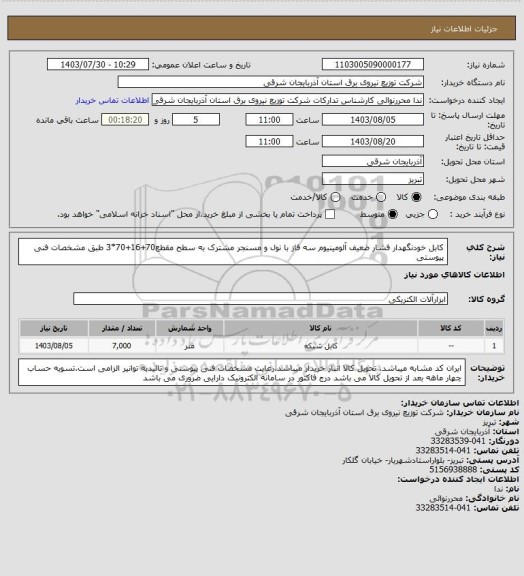 استعلام کابل خودنگهدار فشار ضعیف آلومینیوم سه فاز با نول و مسنجر مشترک به سطح مقطع70+16+70*3 طبق مشخصات فنی پیوستی