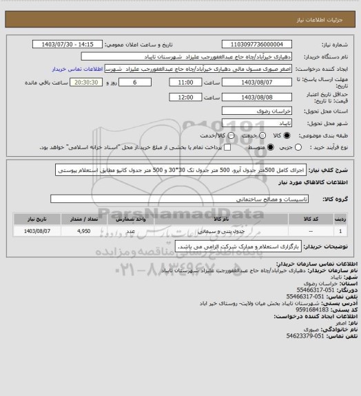 استعلام اجرای کامل 500متر جدول آبرو، 500 متر جدول تک 30*30 و 500 متر جدول کانیو مطابق استعلام پیوستی