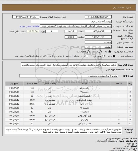 استعلام تارگت اسپاترینگ وانادیوم-تنگستن-مولیبدم-تانتالوم-نقره-آلومینیوم-روی-نیکل کروم-اکسید روی-اکسید وانادیوم