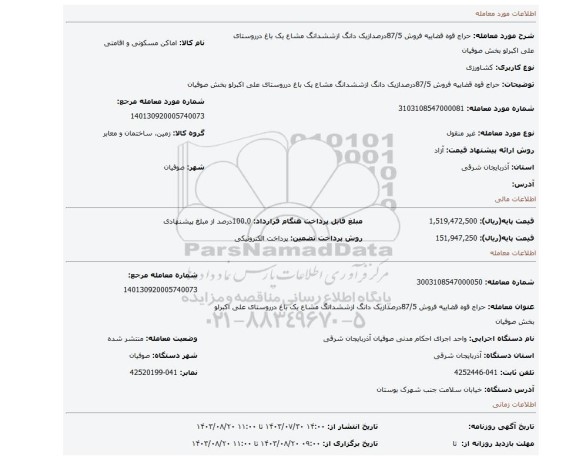 مزایده، حراج قوه قضاییه فروش 87/5درصدازیک دانگ ازششدانگ مشاع یک باغ درروستای علی اکبرلو بخش صوفیان