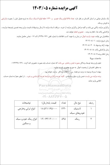 مزایده فروش تعداد 595 انواع رینگ خودرو و 1230 حلقه انواع لاستیک سبک