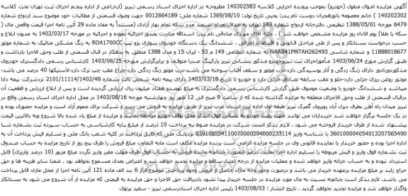 مزایده یک دستگاه خودروی سواری پژو تیپ ROA1700CC به رنگ مشکی متالیک 