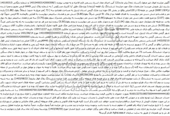 مزایده ششدانگ یک قطعه آپارتمان/ نوع ملک طلق /با کاربری مسکونی / به شماره پلاک ثبتی 6449 فرعی 