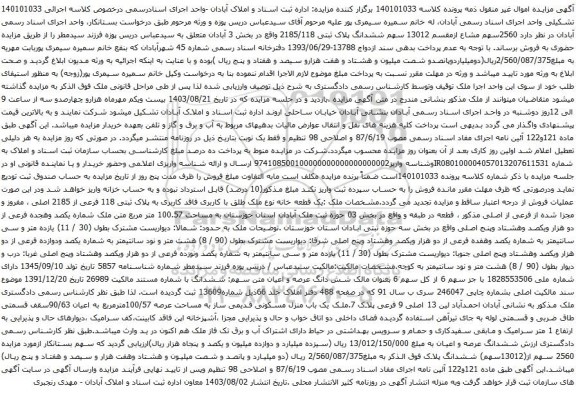 مزایده ششدانگ پلاک ثبتی 2185/118 واقع در بخش 3 آبادان