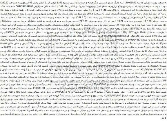 مزایده سه دانگ مشاع از شش دانگ عرصه و اعیان پلاک ثبتی شماره 1146 فرعی از 11 اصلی 
